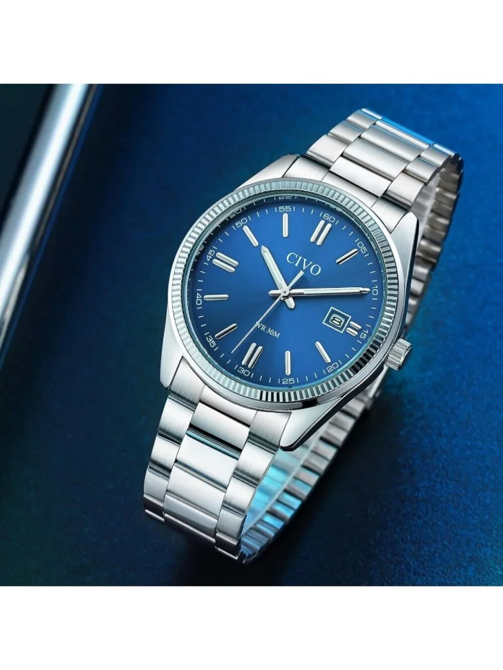 Mens Silver Blue Analog Quartz Skeleton Stainless Steel Round Casual Wrist Watch